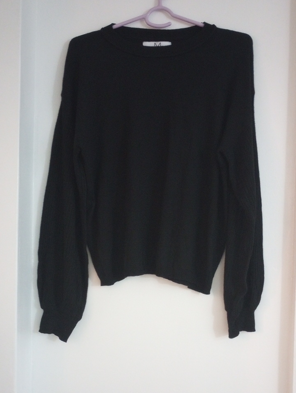 Magaschoni Cashmere Blend Black Ribbed Arm Crew Sweater Size M